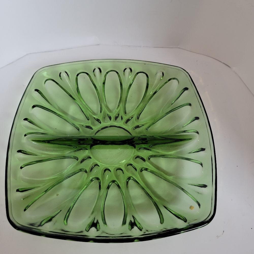 Vintage Mid Century Modern Green Glass Divided Relish Dish
